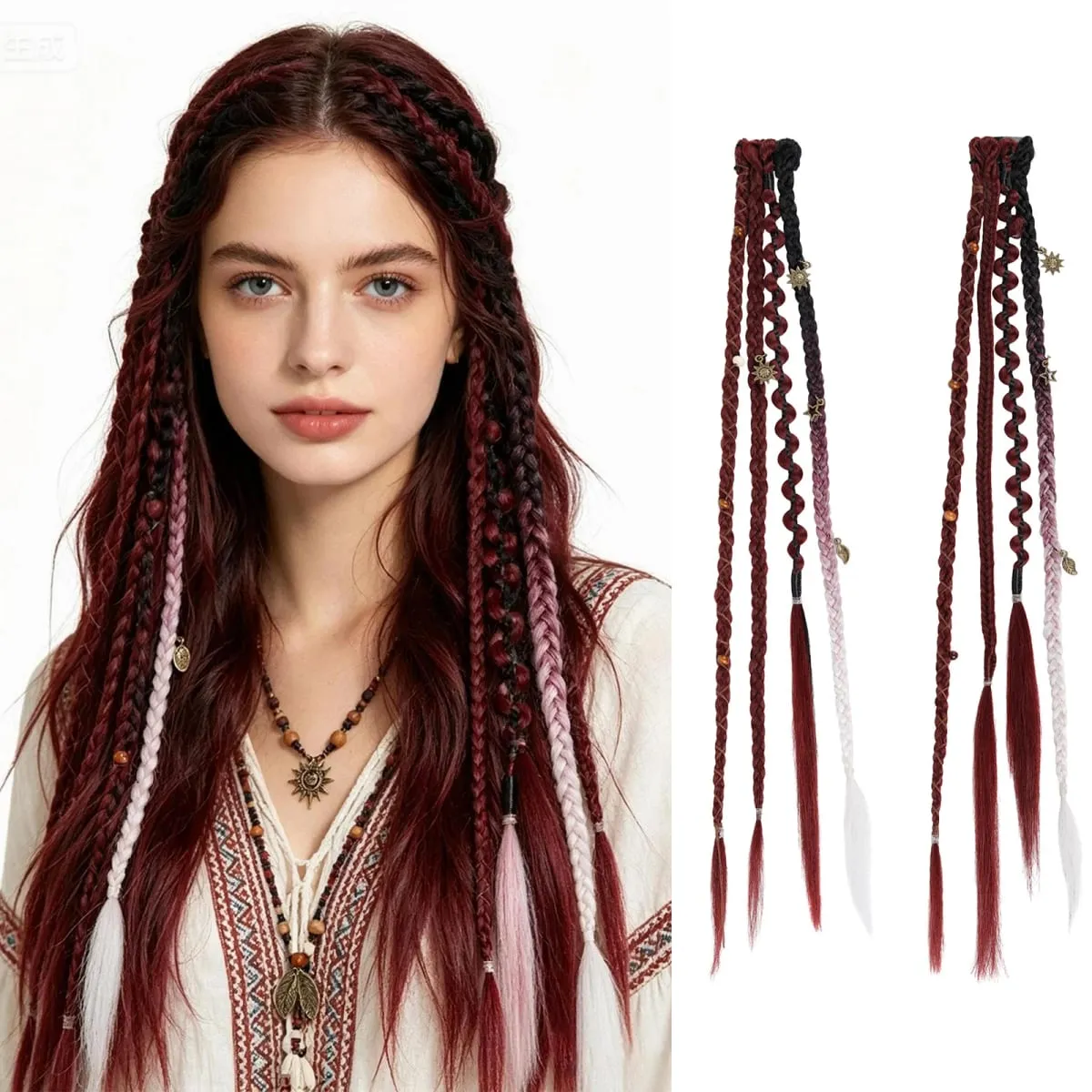 Clip in braids 2PCS 20Inch Dreadlock Extensions with Beads & Chains Viking Boho Braids for Cosplay Festival Daily Styling — image 2