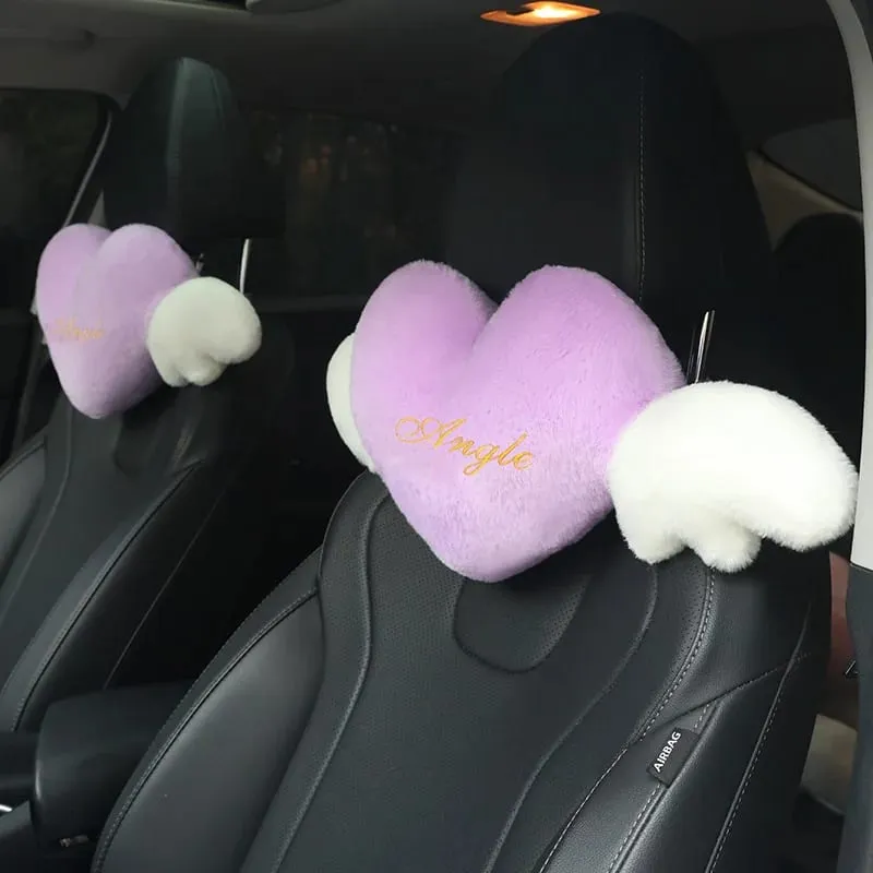Cute Heart Angel Wings Car Neck Pillow Soft Plush Auto Headrest Pillow Universal Car Seat Head Support Cushion Decor Gift
