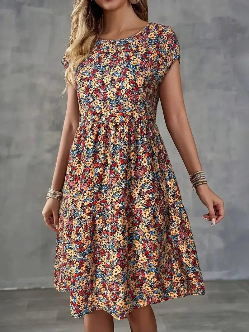 Women's Summer Floral Print Short-Sleeved Round Neck Dress Casual Loose Vacation Style Dress — image 3