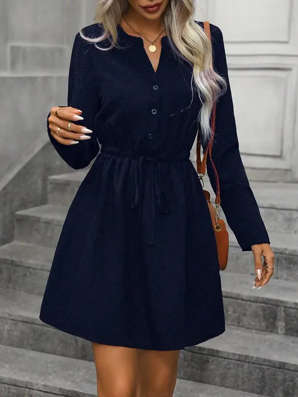 Women's Navy Blue Drawstring Waist Dress Casual Long Sleeve Button Down Shirt Dress V-Neck A-Line Mini Dress For Ladies