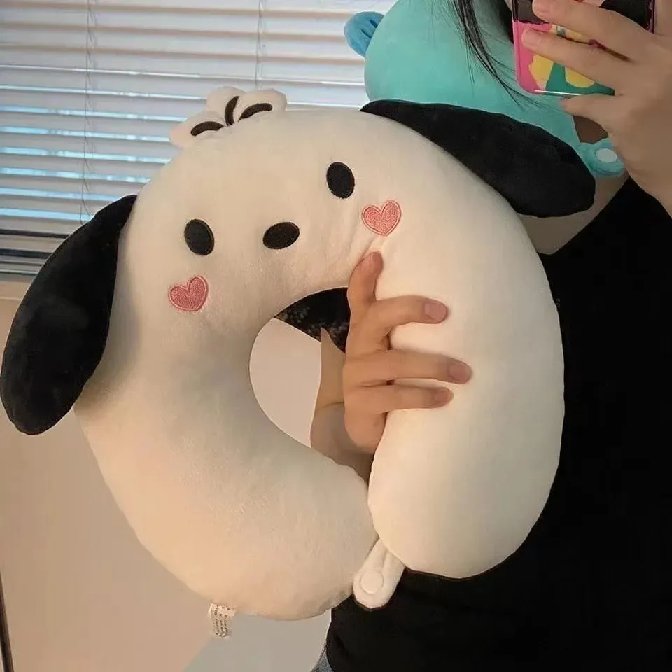 Sanrio 귀여운 U 자형 목 베개 헬로 키티 Purin Pochacco 휴대용 ​​낮잠 베개 목 지원에 적합 Kuromi 플러시 장난감