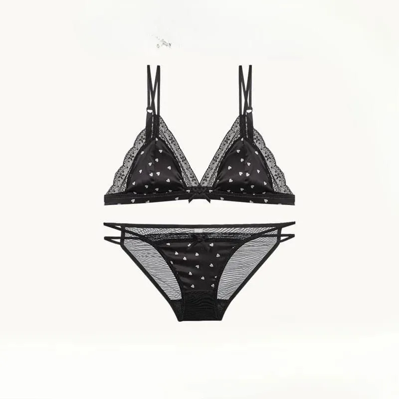 French Style Triangle Cup Satin Lace Lingerie Set Wireless Small Bust Gathered Thin Soft Fabric Sexy Daily Underwear S-XL Suit