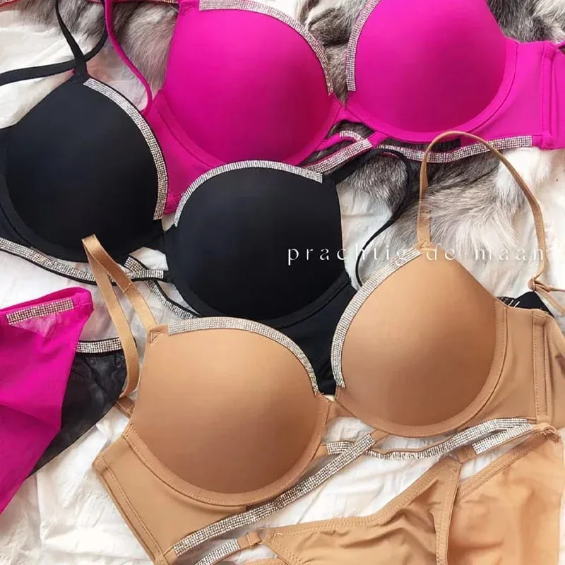 2 Pieces Sexy Underwear Set for Women Classic Cross Hollow Bra Sparkle Rhinestones Lingerie Deep V Push Up Brassiere Set — image 5