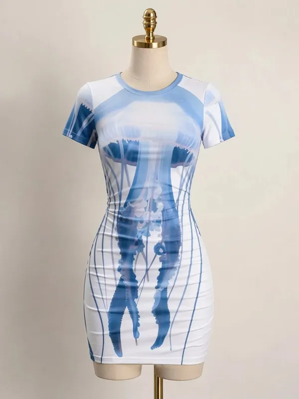 Dam kortärmad Bodycon Miniklänning Slim Fit Rund hals Blommönster Avslappnad Sommarfest Söt Trendig Smickrande Solklänning