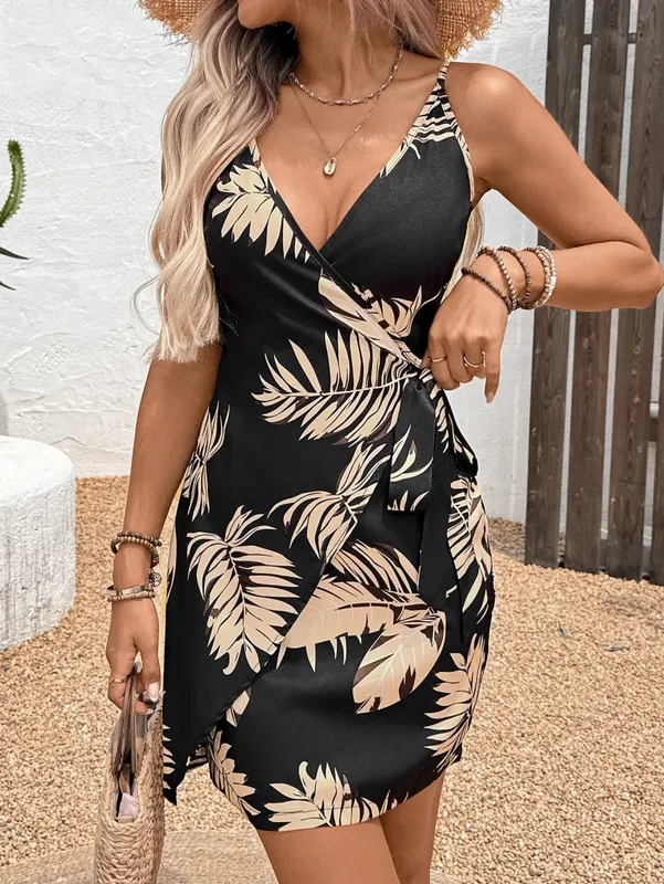 Women's V-neck Tie Wrap Cami Mini Dress Fashion Spaghetti Strap Tropical Leaf Print Wrap Spring Summer Beach Vacation Dress
