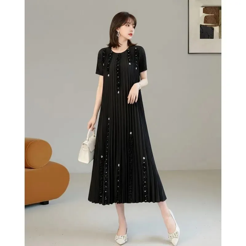 Miyake Pleated Elegant Dresses Women 2026 Summer New Vacation Solid Color Dress Loose Pleats Short Sleeve Plus Size Fold Dress — image 2