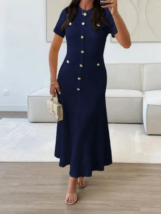 Women's Solid Color Midi Dress Short Sleeve Gold Button Decorated Fitted Flared Hem Gown Elegant Retro Outfit Dating & Parties