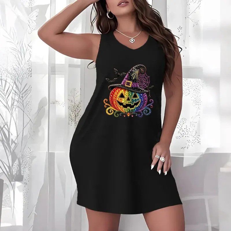Halloween Theme Plus Size Women Sleeveless Tank Dress Spooky Cartoon Graphic Crew Neck Loose Dress Casual Holiday Party Dresses — image 9