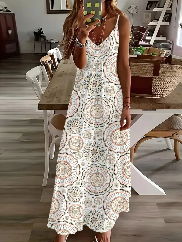 Women Long Sleeve Midi Dress with Mandala Print Boho Floral Pattern Summer Vacation Dress Casual Office Wear A Line Fit