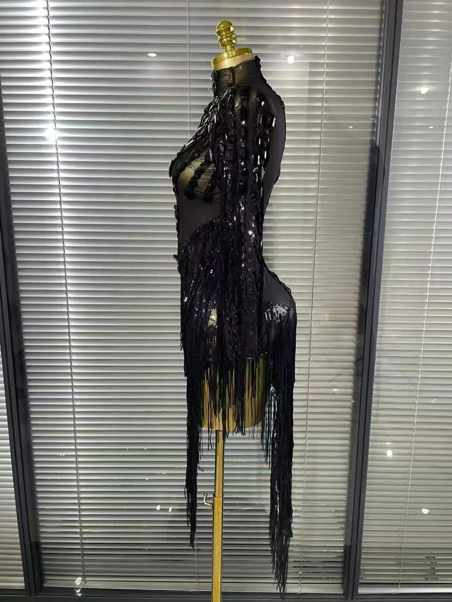 Black Red Women Sexy One Shoulder Shinning Crystal Sequins Tassels Bodycon Mid-calf Dress Nightclub Party Bar Dancer Costumes — image 3