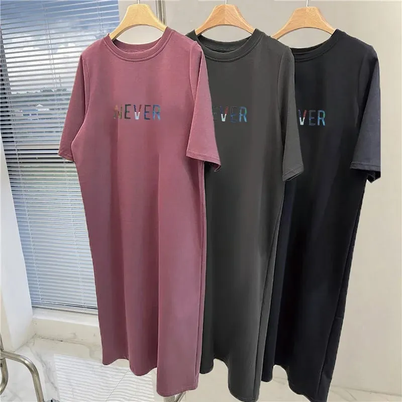 Summer Oversized Women Long T Shirt Dress White Round Neck Color Letter NEVER Print Casual Side Split Maxi Dress — image 4