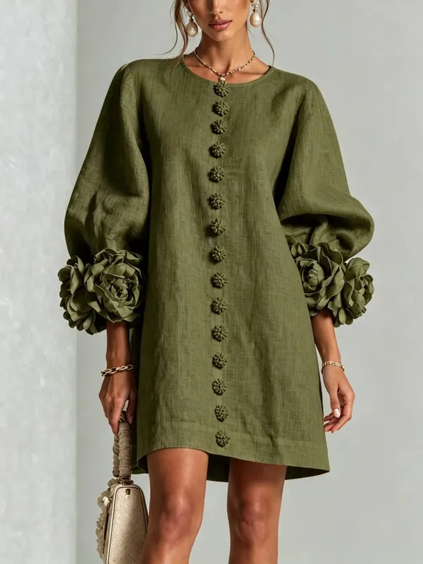 Women Linen Mini Dress O Neck Puff Long Sleeve 3D Flower Cuff Decor Flower Button Loose Casual Short Dresses for Party Vacation — image 5