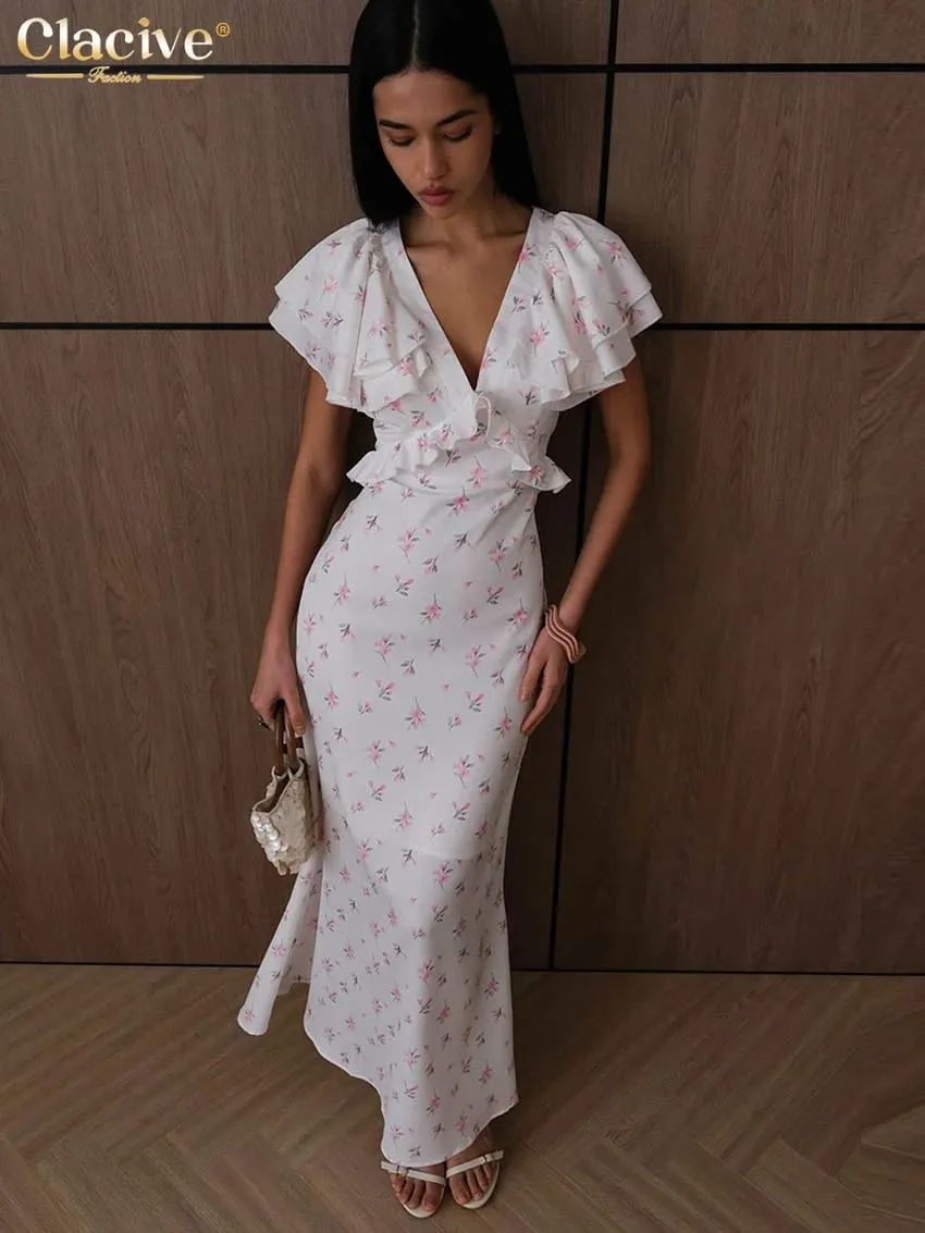 Clacive Sexy Loose Print Women's Dress 2026 Summer V-Neck Short Sleeve Ankle Length Dresses Elegant Classic Ruffles Female Dress — image 3