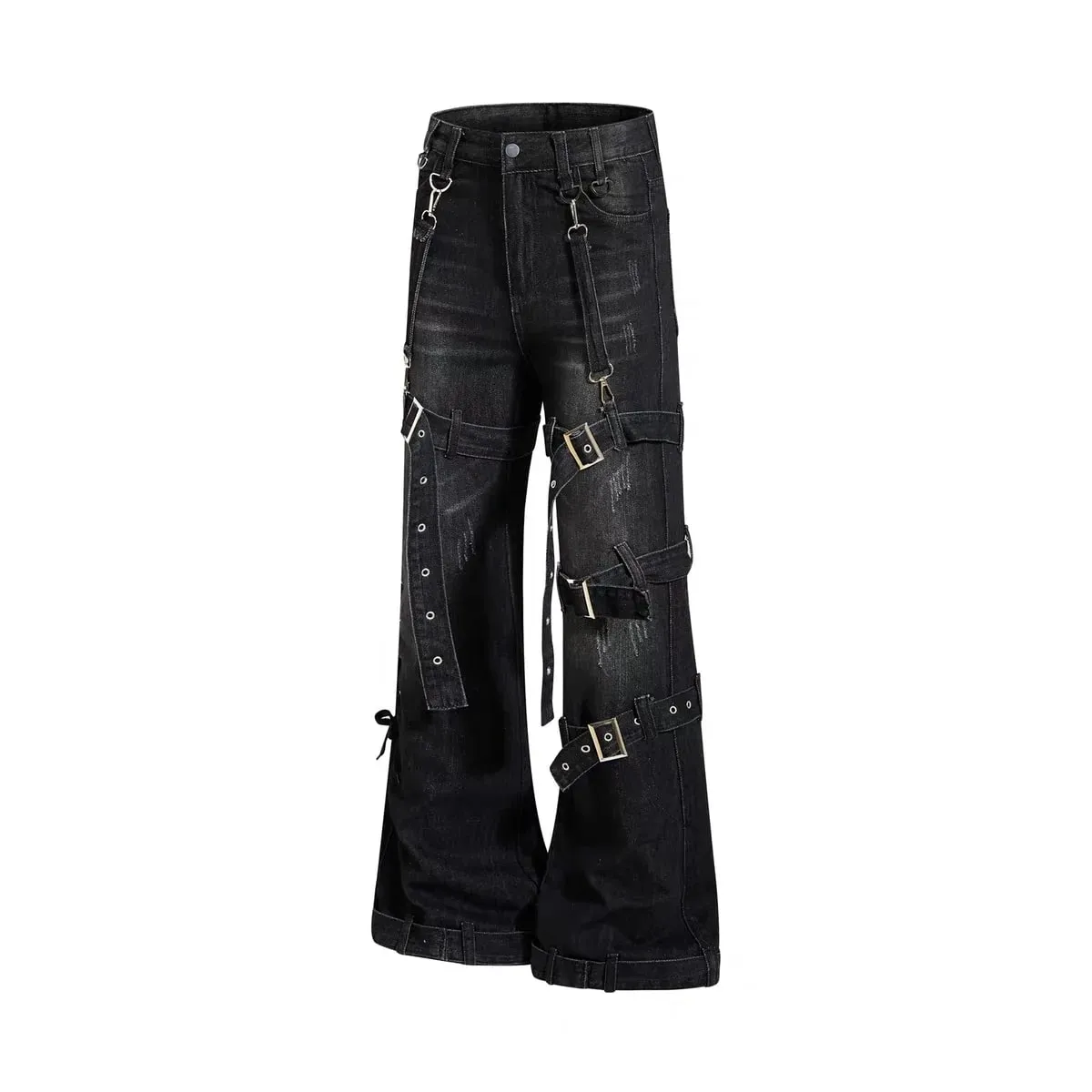 Gothic Punk Multi Buckle Strap Slim Fit Black Jeans Man Woman Ripped Vintage Techwear Bootcut Jeans