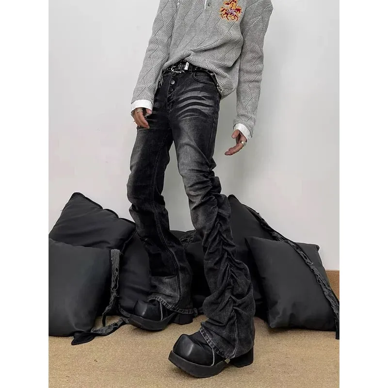 Spring Men's Flare Cargo Jeans Black Harajuku Japanese Low Rise Denim Pants Abi Y2k Bell Bottom American Retro Gyaru Bootcut New