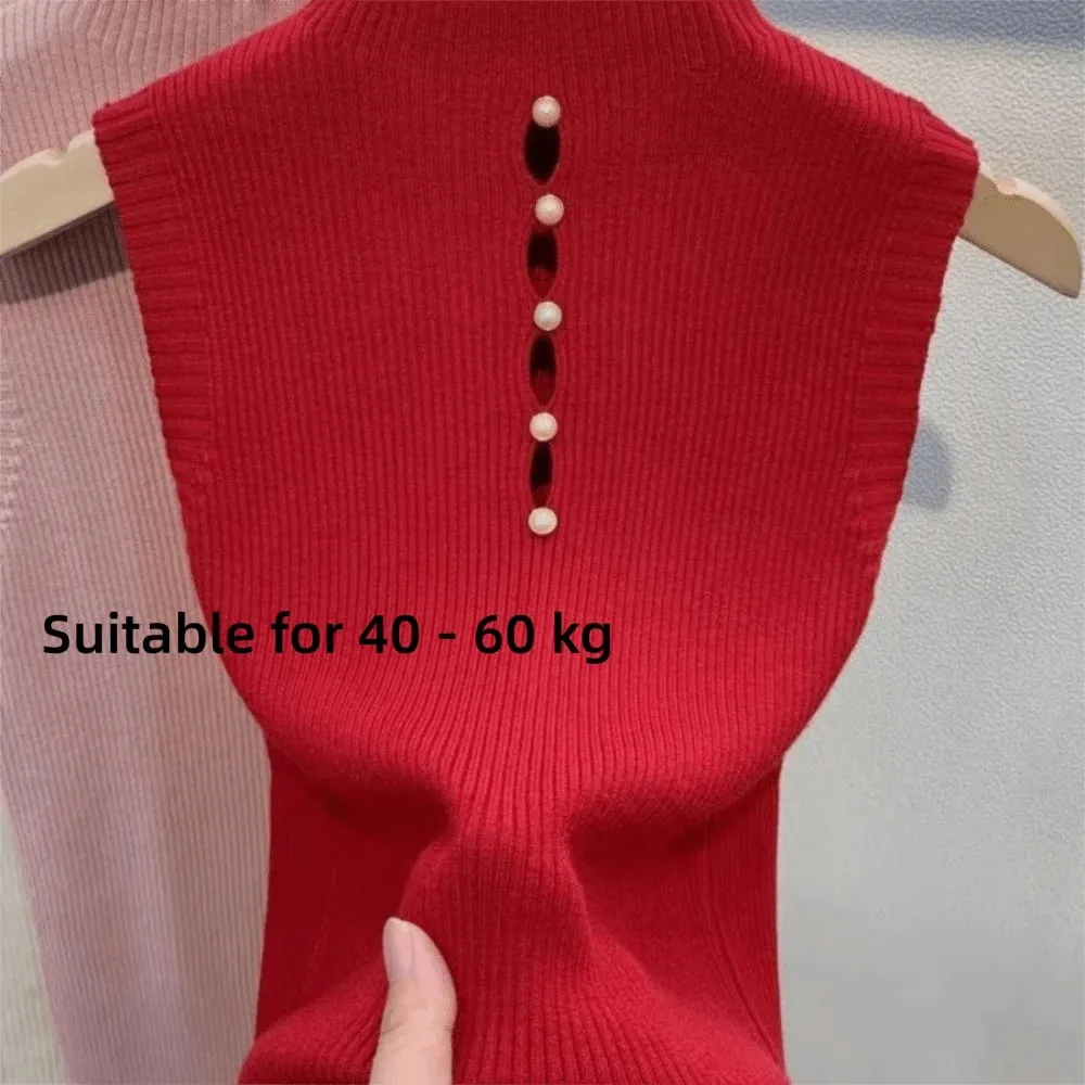 Elegant Solid Color Knitted Vest Sleeveless Slimming Tees T-Shirt Half-turtleneck Tank Top Women — image 7