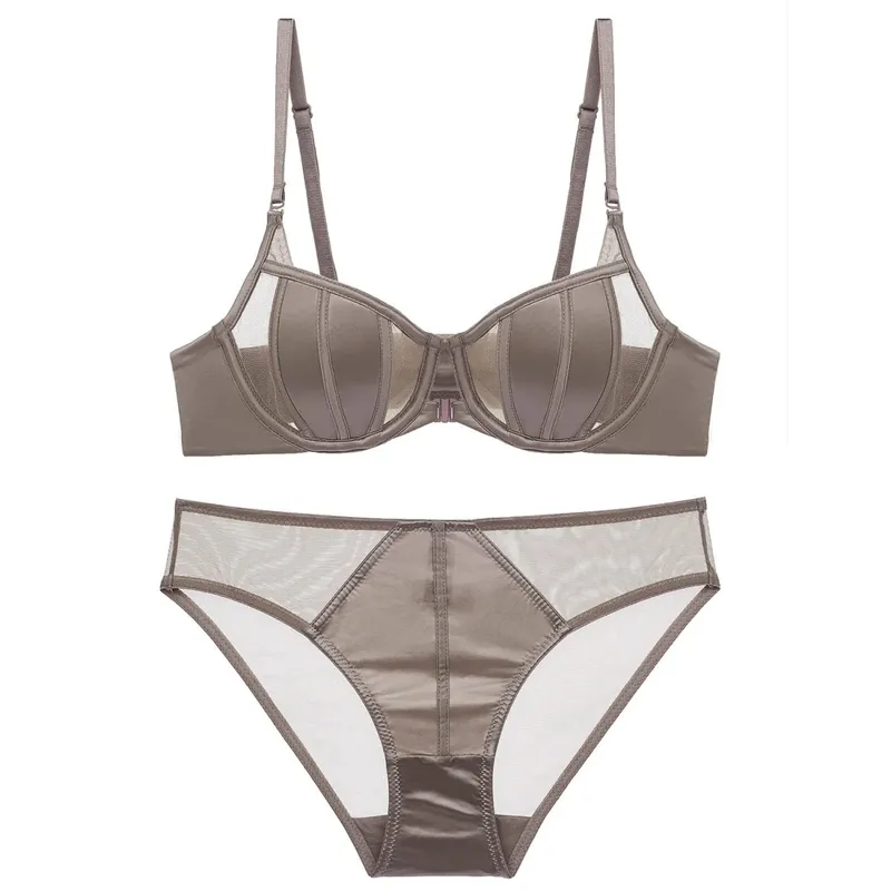 high quality satin sexy women bras and brief set push up A B C cup front closed wire summer lingerie underwear black white khaki — image 7