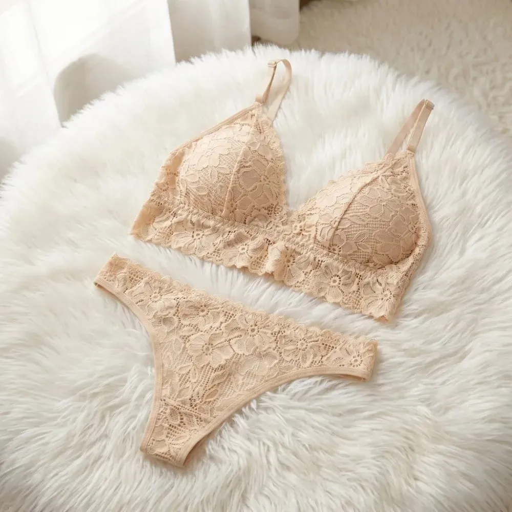 Sweet V Neck Lace Flower Bra Set Thong Solid Color Floral Panties Bra Kit Transparent Lingerie Lace Underwear Women — image 5