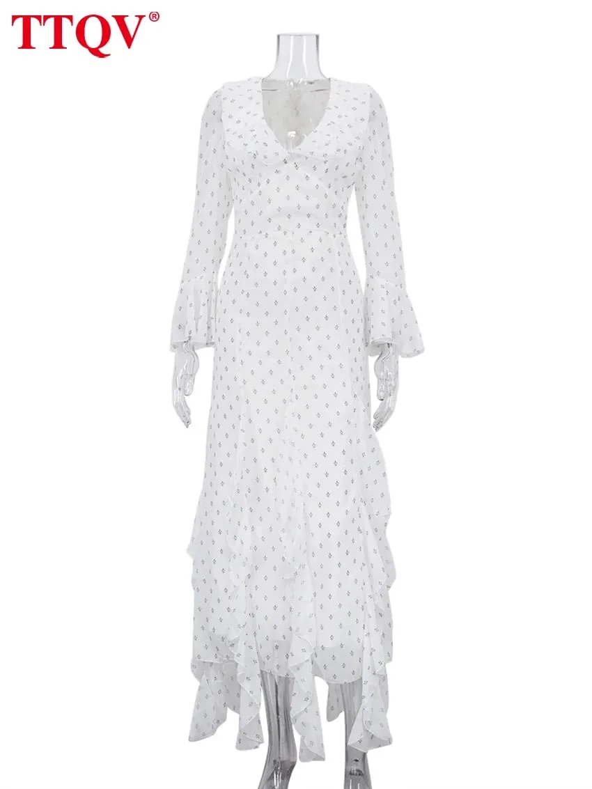 Sexy Slim Print Women's Dress 2025 Fashion V-Neck Long Sleeve Ankle Length Dresses Elegant Classic Ruffles Female Dress — image 5