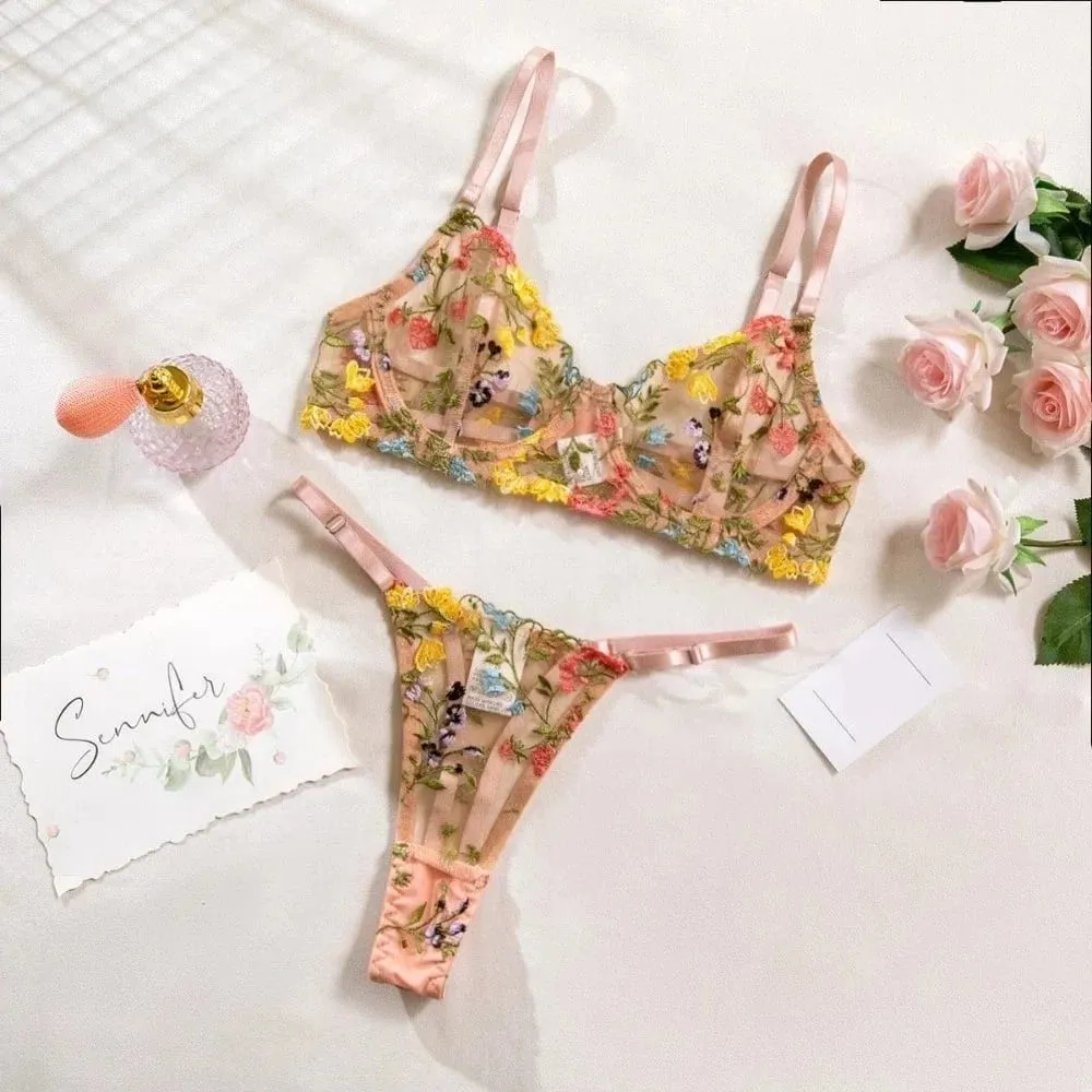Sheer Intimates Transparent Lingerie Set Ultra-thin Elegant Embroidery Floral Underwear Push Up Bra Suit Women