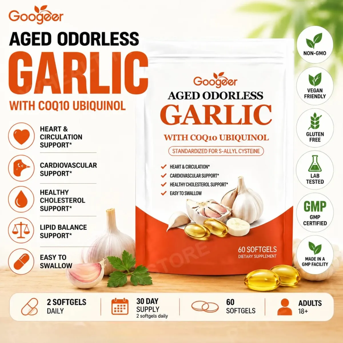 Googeer Aged Odorless Garlic Softgels with CoQ10 Ubiquinol Vitamin K2 MK-7 Heart Circulation Energy Immune Support 60 Count — image 2