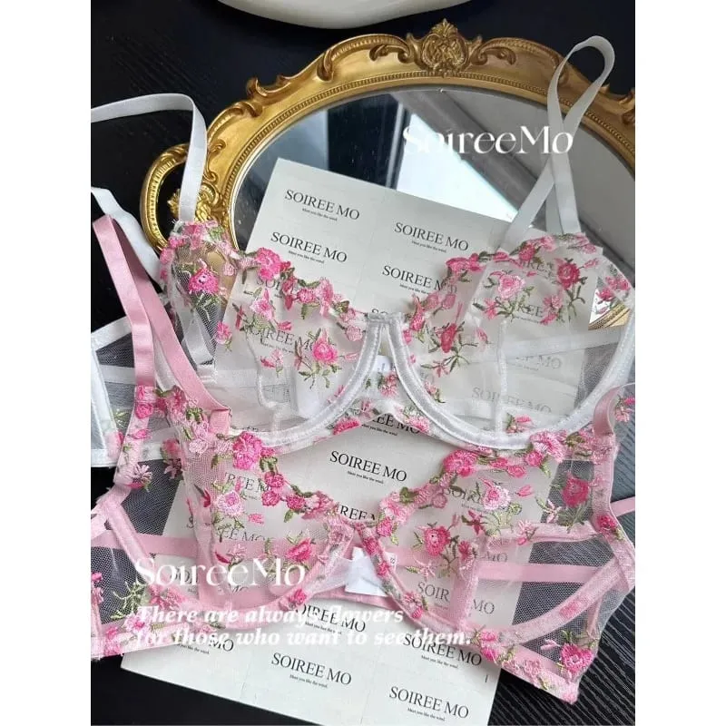 Kawaii Japanese Lingerie Set Sheer Tulle Pink Floral Embroidery Bra Bralette sek-si Pure Matching Set BANERDANNI Tushy Bras — image 3