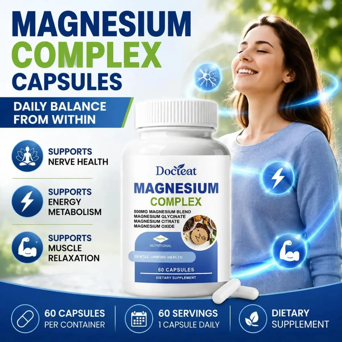 Docteat Magnesium Complex Capsules 500mg L-Theanine Taurine Supports Nerve Health Energy Metabolism Muscle Relaxation 60 Caps — image 1