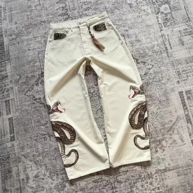Streetwear Retro Snake Jeans Boa Embroidery Graphic Python Print Pocket Denim Pants Y2K Trend Unisex Baggy Straight Leg Pants