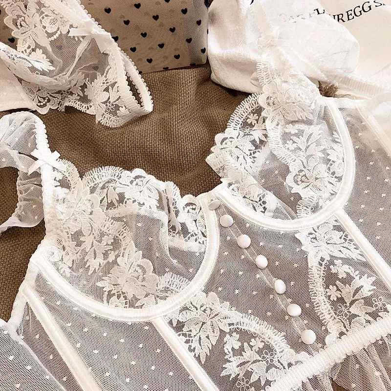 Hot Sale French Sexy Lingerie Set for Women Ultra Thin See Through Bra Panty Set Embroidery Lace Shaping Camisole Underwear Set — image 5