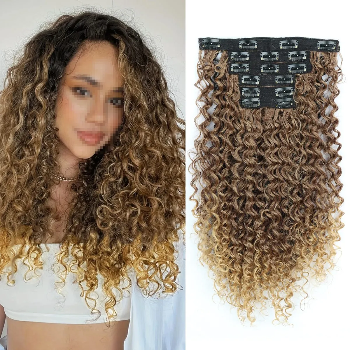 Synthetic 16 Clip In Hair Extensions Kinky Curly Fluffy Black Blonde Full Head Fake Pieces Hair Extensions For Black Women — image 11