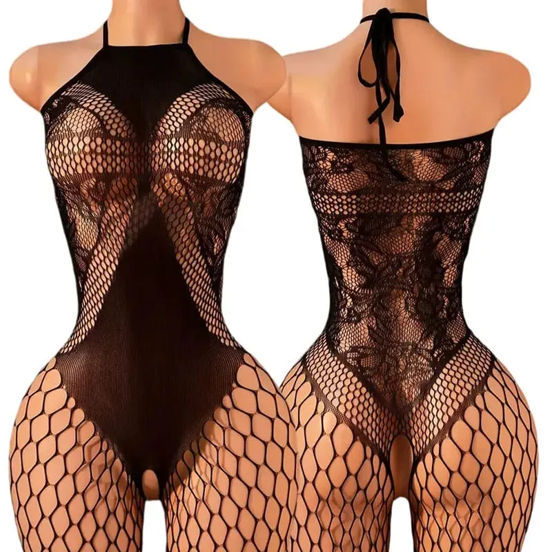 Women's Black Lace Fishnet Halter Neck One-Piece Bodystocking Wireless Unlined Stretch Mesh Lingerie One Size 8 Styles — image 1