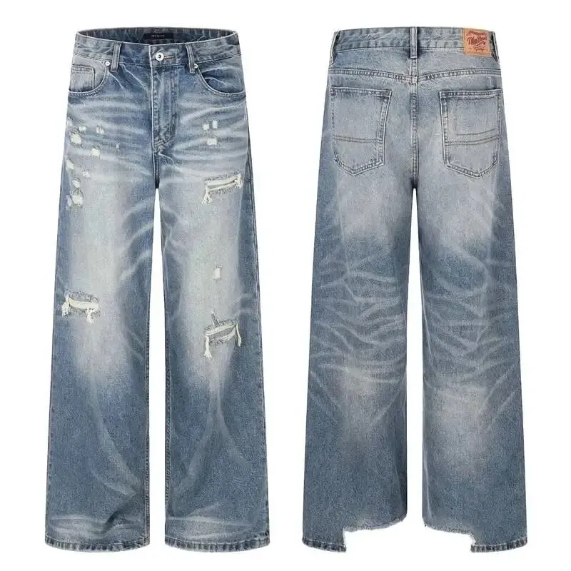 Retro Men's Washed Blue Jeans Distressed Straight Leg High Waist Loose Casual Wide Leg Denim Long Pants Fashion New 9X3258 — image 7