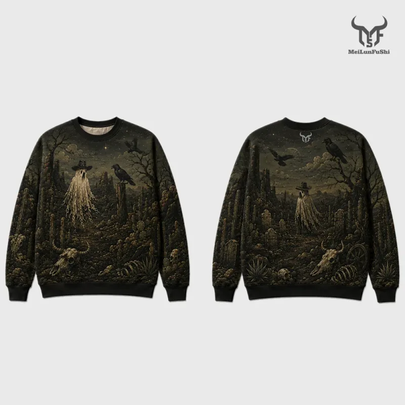 Vintage Dark Western Ghost Print Sweatshirt Desert Cactus Graphic Pullover Long Sleeve Tops Halloween Fashion Casual Streetwear — image 5