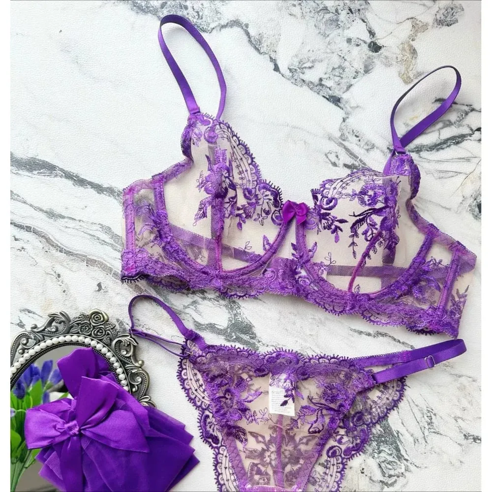 Sexy Transparent Lace Bra French Embroidery Thin Push‑Up Gather Bra For Men Crossdresser Sheer Lingerie Underwear — image 2