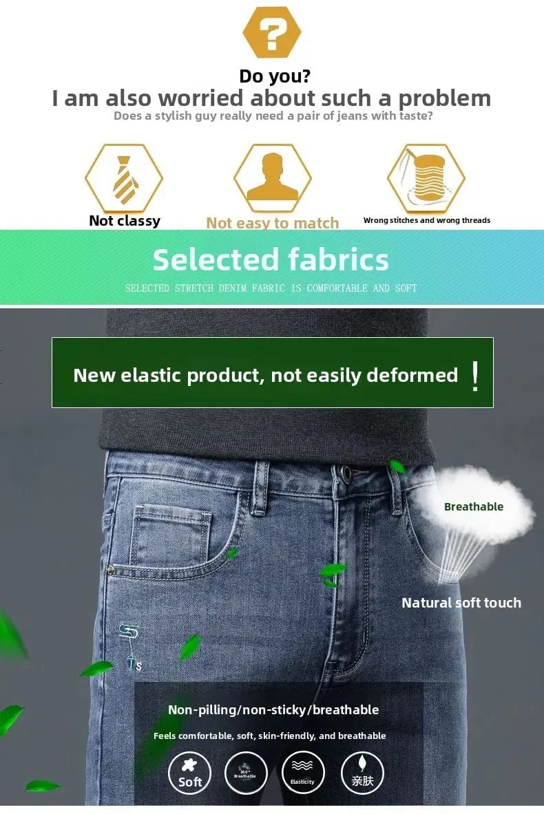Nuevos pantalones vaqueros elásticos de otoño/invierno 2025 para hombres jóvenes con cintura elástica recta pequeña, pantalones vaqueros a la moda para hombres — image 9
