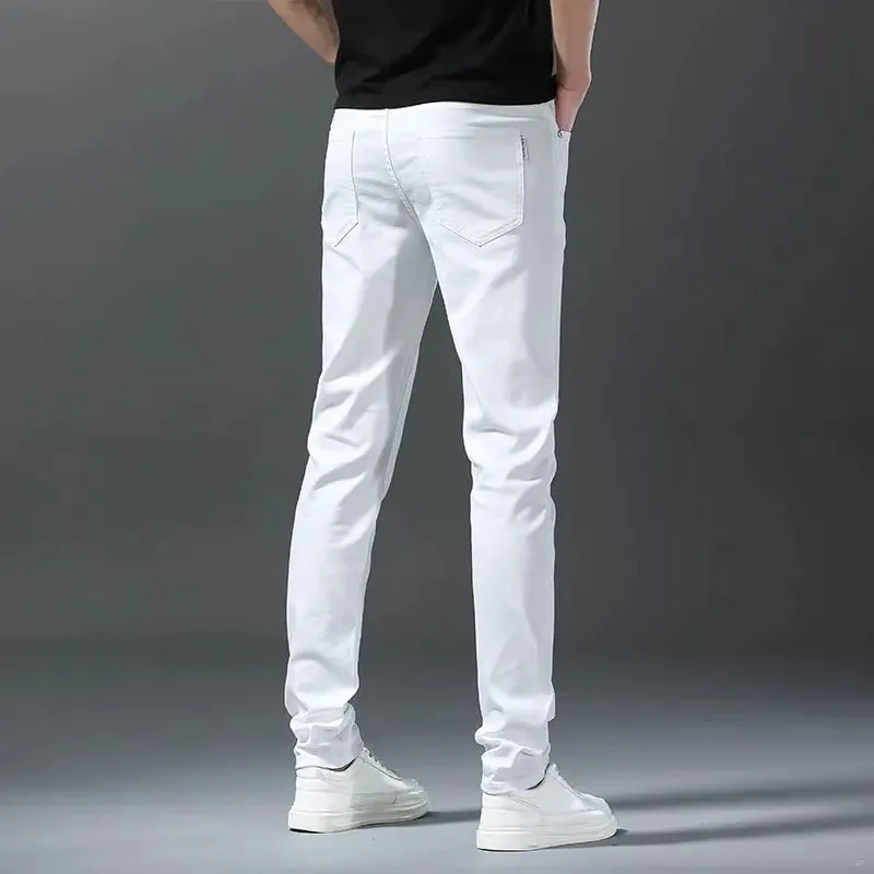 Mens Straight Elastic Waist Jeans 2025 Autumn Winter Fashion Brand Comfortable Versatile Pants Slim Fit White Jeans High Street — image 4