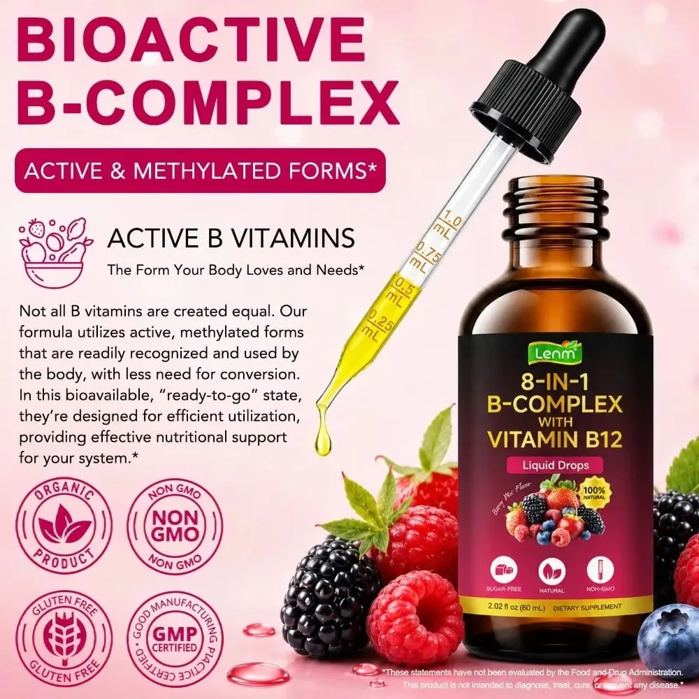 Lenm B Complex Liquid Drops 8-in-1 with B12 2000mcg B1 B2 B3 B5 B6 B7 Folate for Energy & Metabolism Support Sugar-Free 60ML — image 5