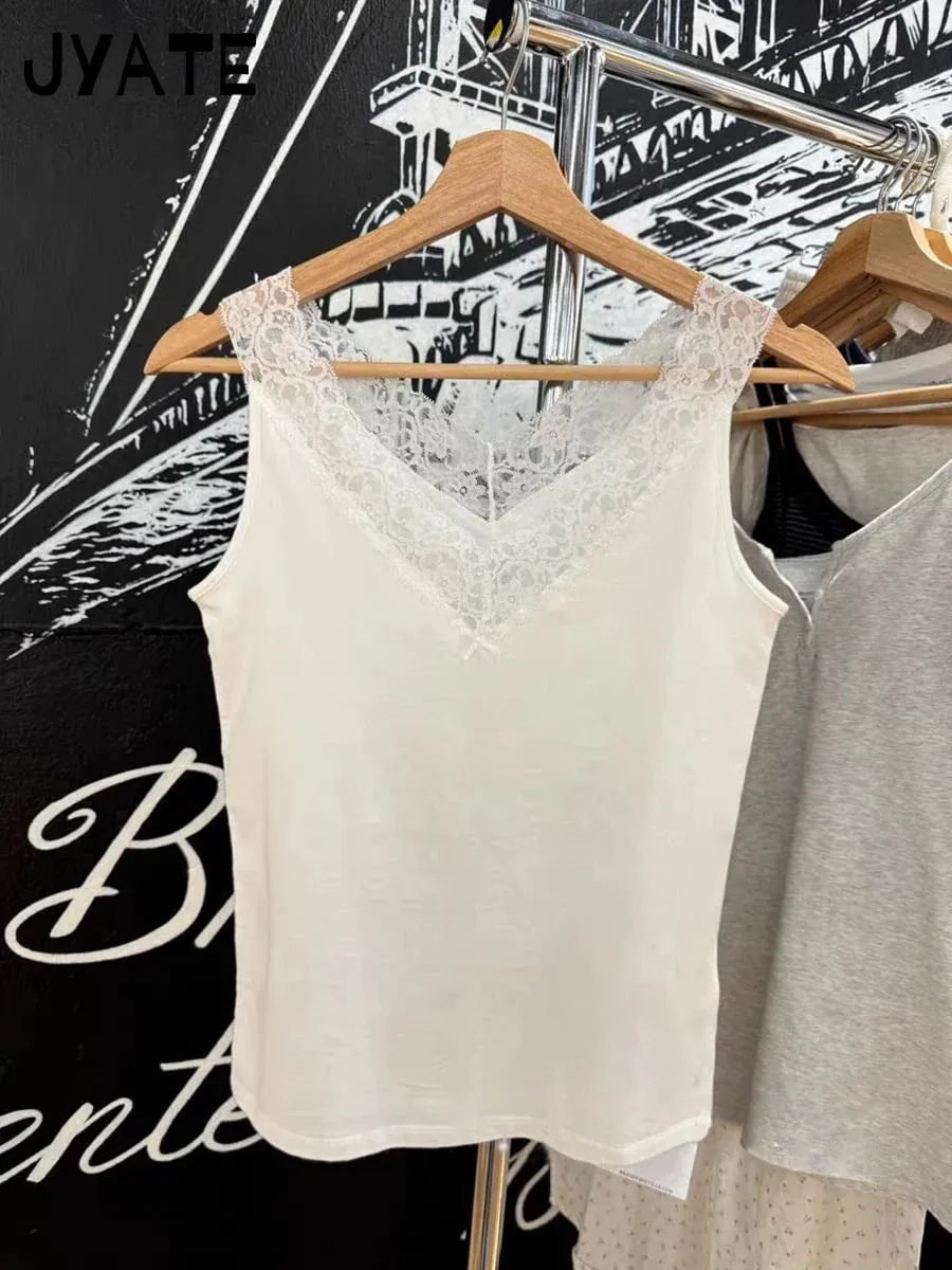 Süße Spitze Patchwork Schlank Tank Tops Frauen Sommer Weiß Sexy Einfache Baumwolle Weiche Ärmellose Westen Weibliche Vintage Chic Y2K Leibchen — image 11
