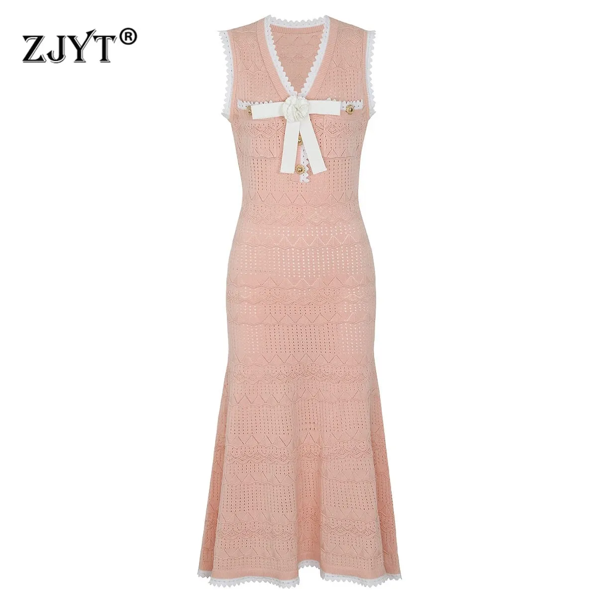 Summer Elegant Knitted Dresses for Woman 2026 Fashion New Sleeveless Bowknot Midi Casual Party Dress Pink White Vestidos — image 1