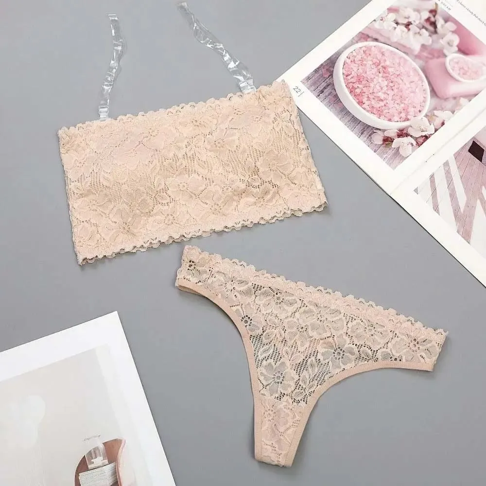 Lace Sheer Flower Thong Bra Set Embroidery Invisible Straps Floral Panties Bra Kit Hollow Lingerie Underwear for Women Women — image 4