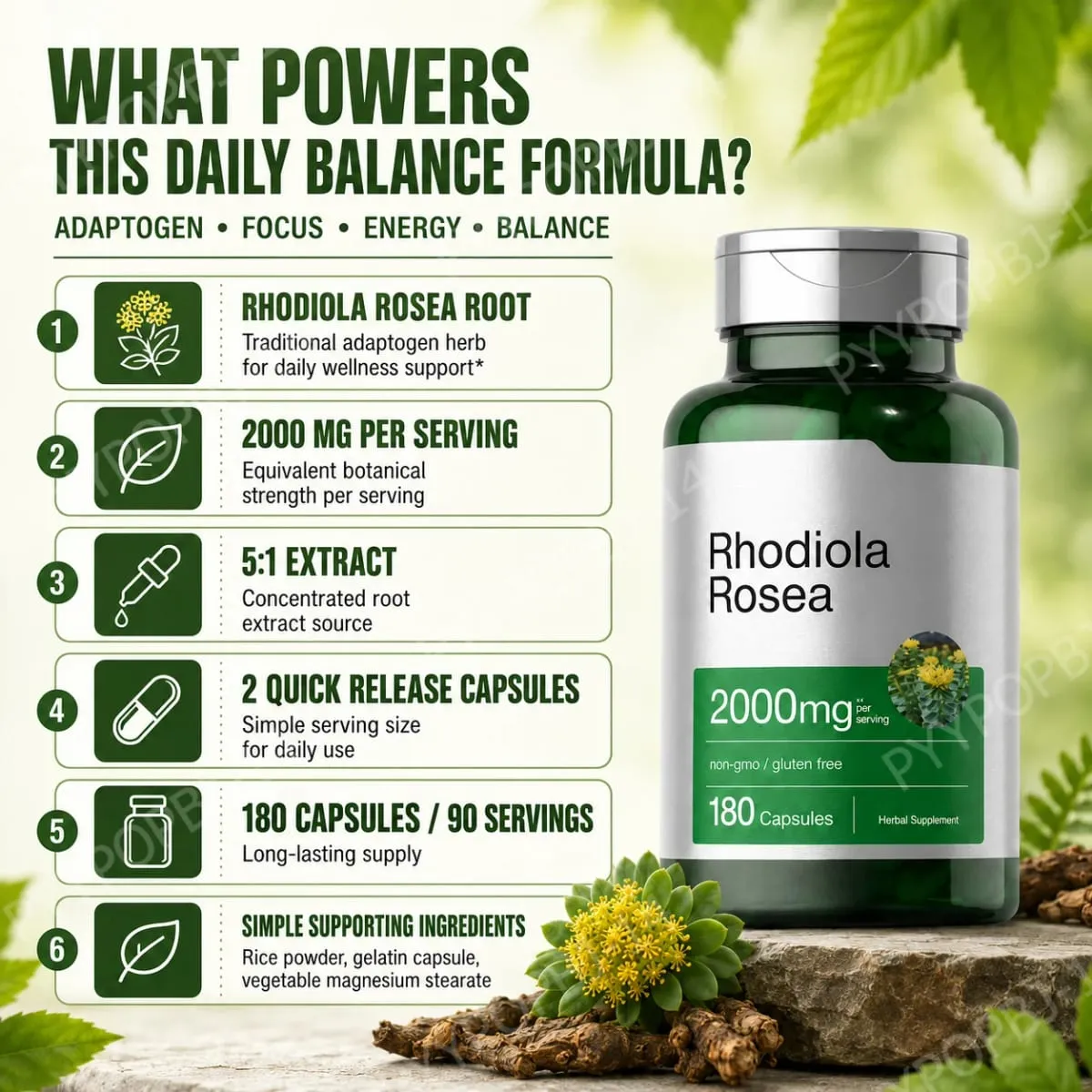 Rhodiola Rosea Root Extract 2000mg Equivalent Herbal Dietary Supplement 180 Capsules — image 6