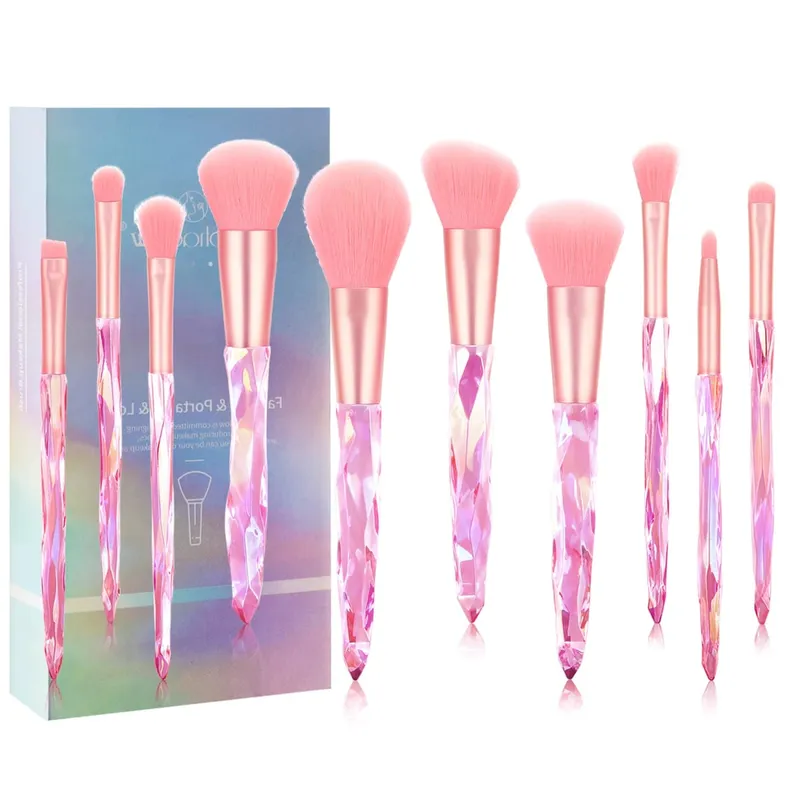 10Pcs Shiny Crystal Handle Makeup Brush Set with Case Round Loose Powder Brush & Flat Foundation Brush for Eye Makeup