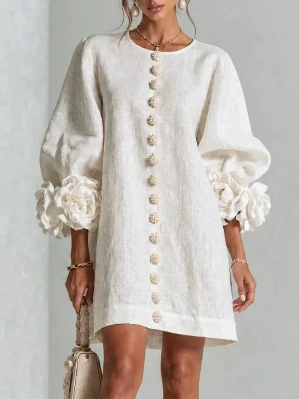 Women Linen Mini Dress O Neck Puff Long Sleeve 3D Flower Cuff Decor Flower Button Loose Casual Short Dresses for Party Vacation