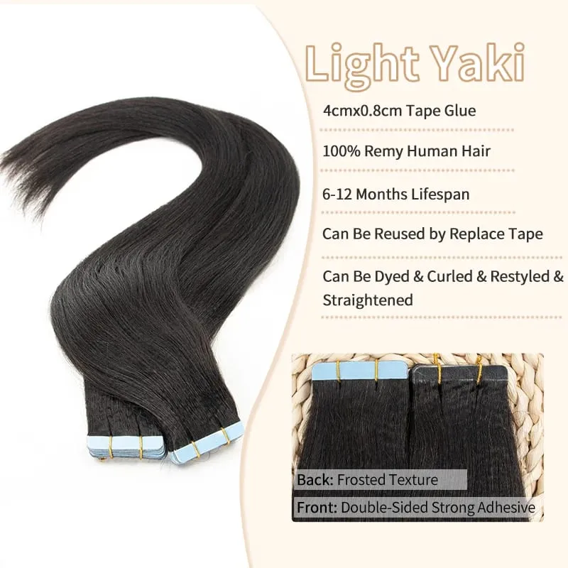 MRS HAIR Light Yaki Tape In Hair Extensions Human Hair Cuticle Remy Relaxed Tape in Extension Silk Pressed Yaki Tape Ins 16-20inch 20pcs