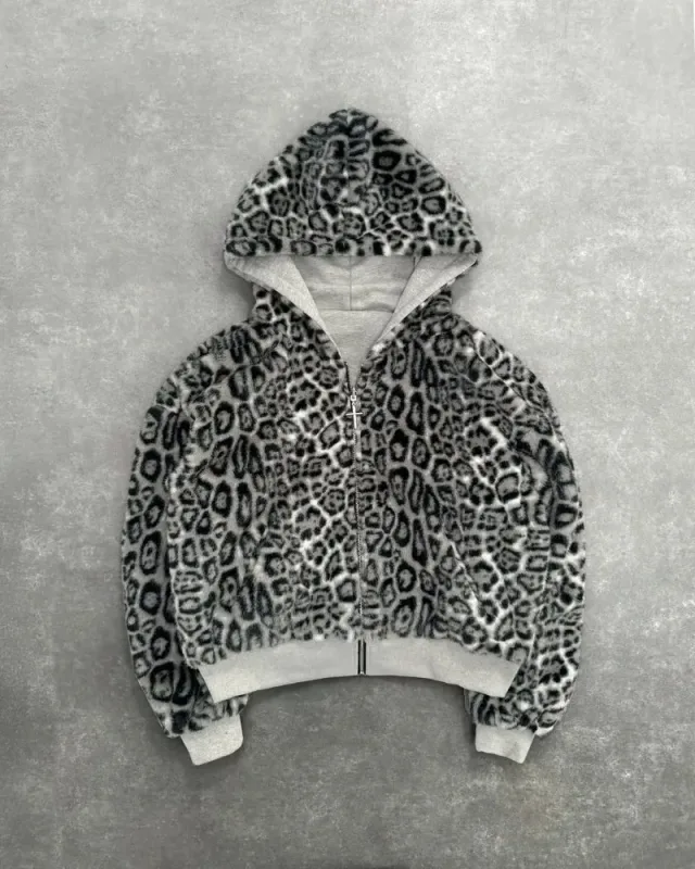 Hip-hop New Two-sided Clothing Harajuku Retro Leopard Print Fashionable Loose Zipper Hoodie Men Street Casual Sweatshirt Women — image 3