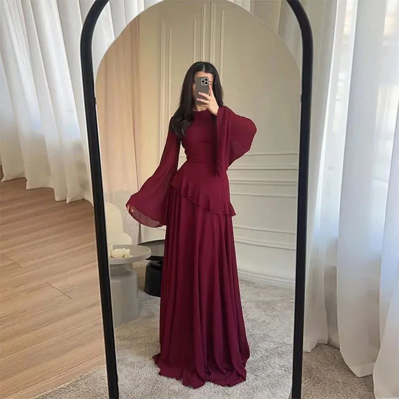 Women Chiffon Solid Ruffled Dress Flare Sleeve Round Neck 2025 New Elegant Maxi Gown Evening Party Fashion Holiday Lady — image 10