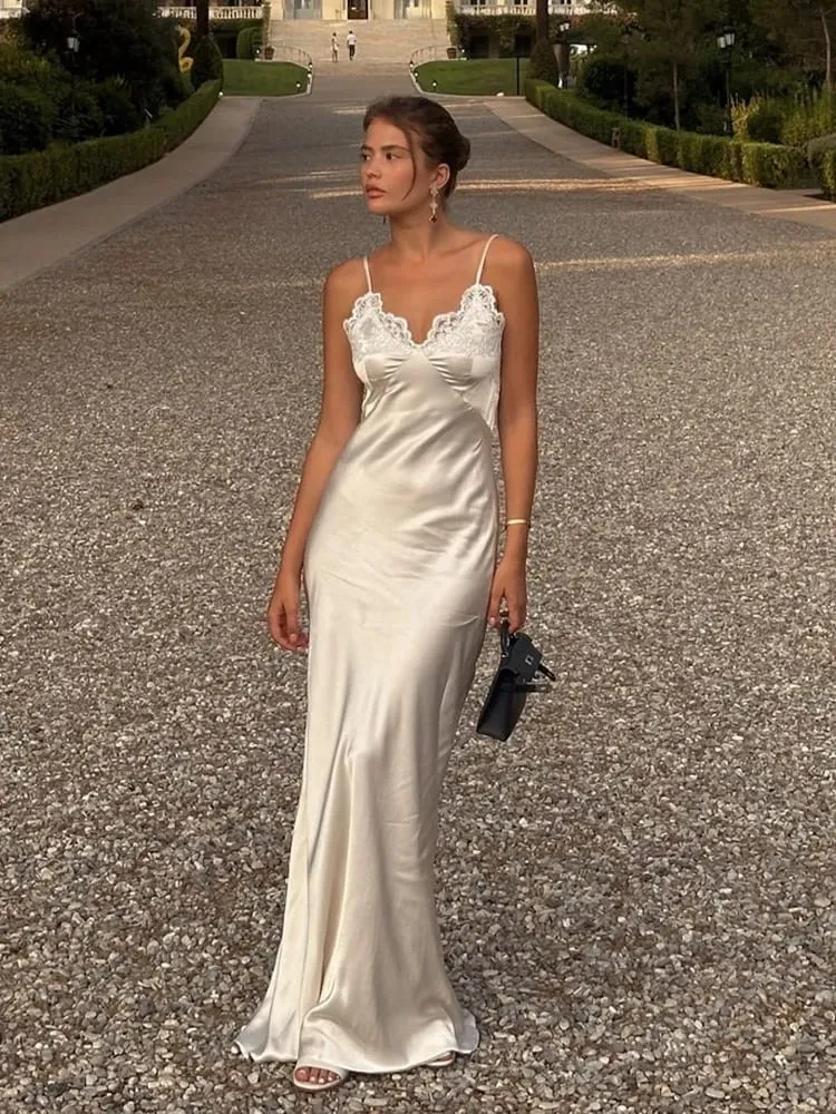 Women Sexy V-neck Satin Sling Maxi Dress Chic White Lace Patchwork Sleeveless Backless Slim Gowns Summer Evening Party Dresses — image 3