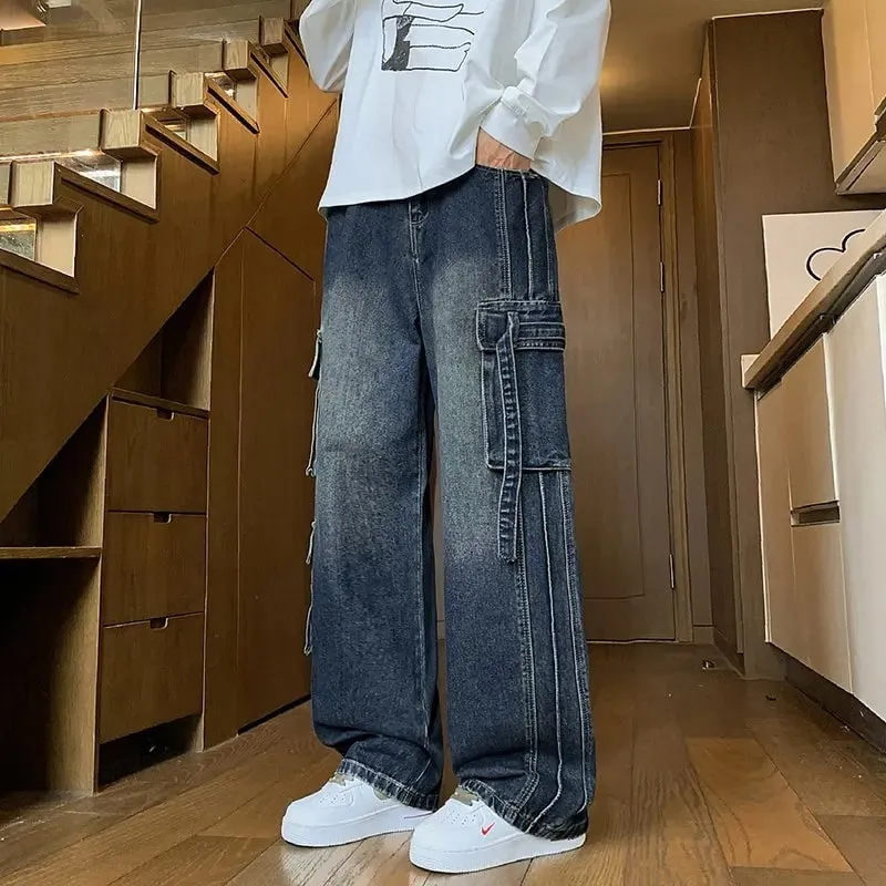 Autumn New Men's Loose Jeans Multi-pocket Work-wearing Jeans Street Hip-hop Straight Wide-leg Pants Baggy Dance Pants — image 4