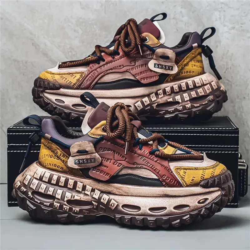 Men's Casual Sneakers with a Patchwork Upper Thick Jute Laces and a Tire-Like Serrated Sole for Added Height and Anti-Slip Grip Making Them Eye-Catching and Suitable for Various Outfits Including Street Wear and Everyday Casual Wear. — image 3