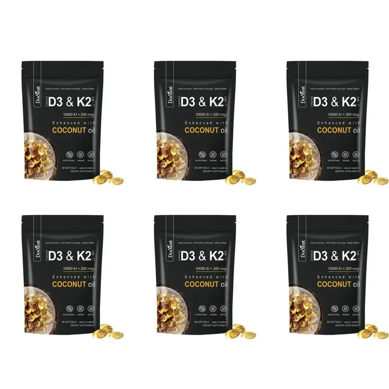 Docteat Vitamin D3 & K2 Softgels with Magnesium and Coconut Oil for Bone Nutrition Balance Immune System Balance - 60 Softgels
